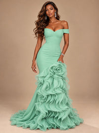 Dusty Blue Off-the-Shoulder Mermaid Prom Dress with 3D Rose & Ruffles