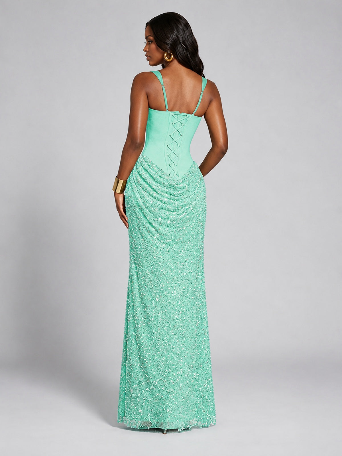 Sequin Corset Mermaid Prom Dress with Square Neck Wide Strap High Slit