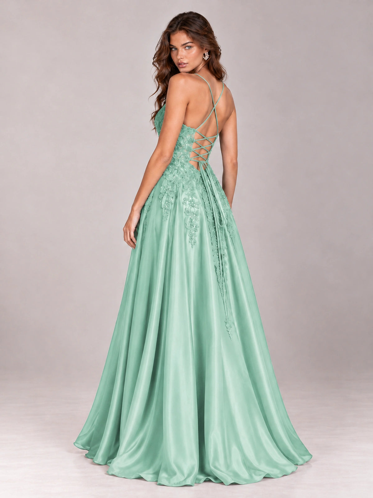 Lace Applique Satin A-Line Prom Dress with Sheer Bodice