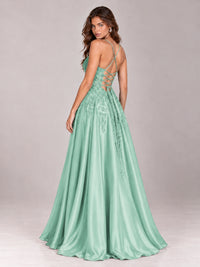 Lace Applique Satin A-Line Prom Dress with Sheer Bodice