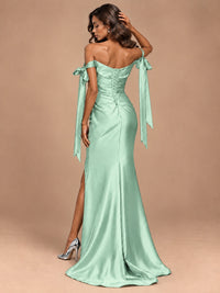 Off The Shuolder Satin Prom Dress Slit Mermaid Formal Gowns