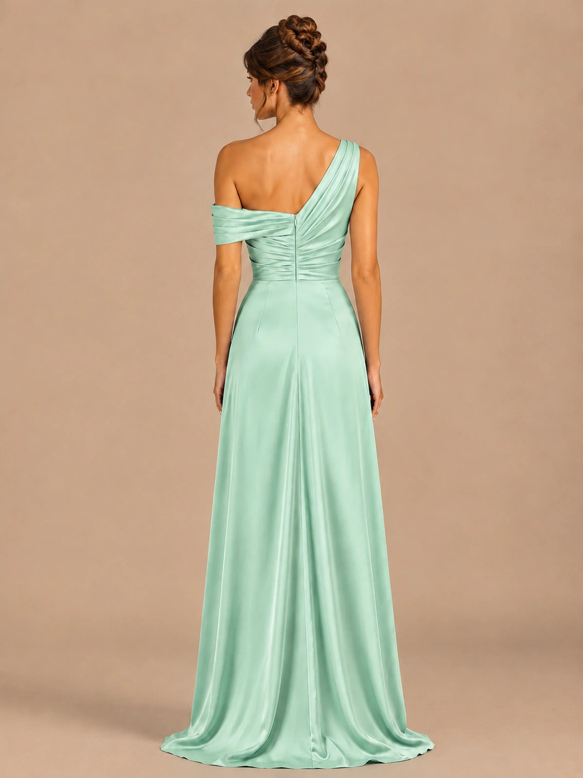 Satin One Shoulder Prom Dress Ruched Long Formal Evening Gown