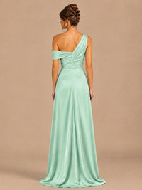 Satin One Shoulder Prom Dress Ruched Long Formal Evening Gown