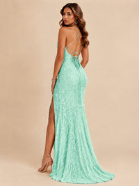 Sequin Lace Appliques Mermaid Prom Dress Spaghetti Strap Formal Gowns with Slit