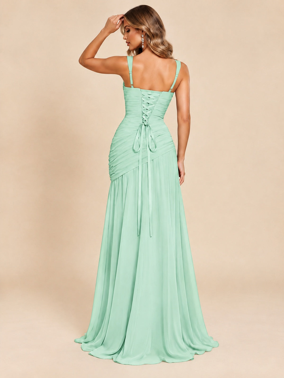 Wrap Pleated Prom Dress Scoop Neck with Slit Women Wedding Formal Dress