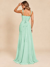 Wrap Pleated Prom Dress Scoop Neck with Slit Women Wedding Formal Dress