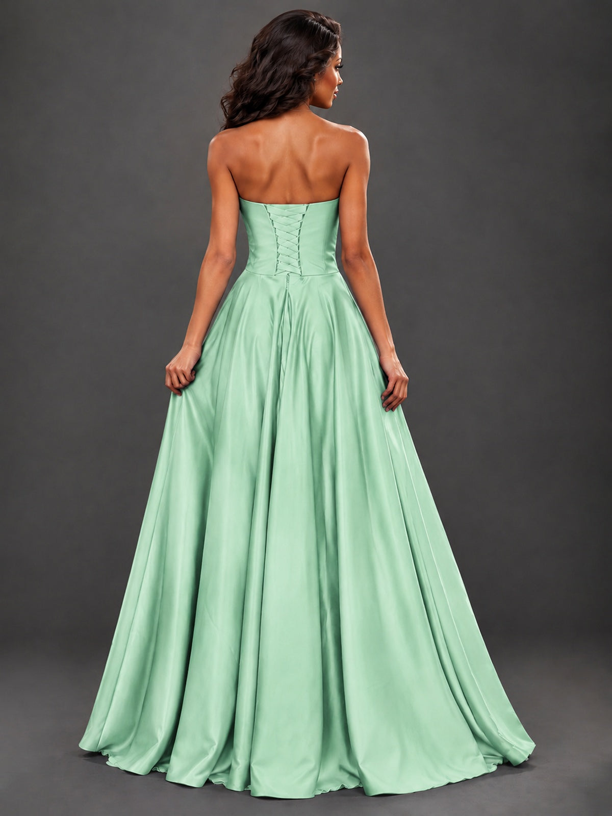 Draped Satin Prom Dress Strapless A-line Formal Dress Floor Length