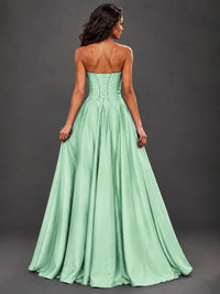 Draped Satin Prom Dress Strapless A-line Formal Dress Floor Length