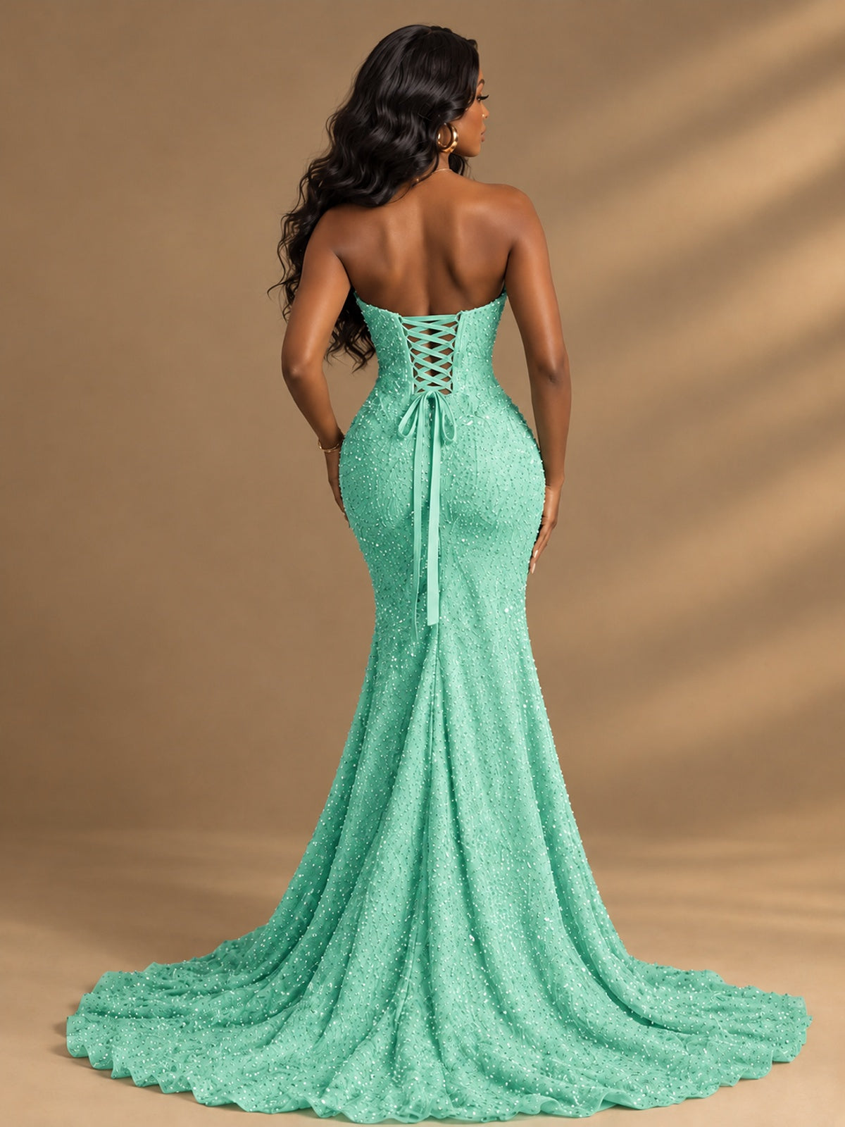 Beaded Sequin Prom Dress Strapless Formal Gowns with High Slit Train