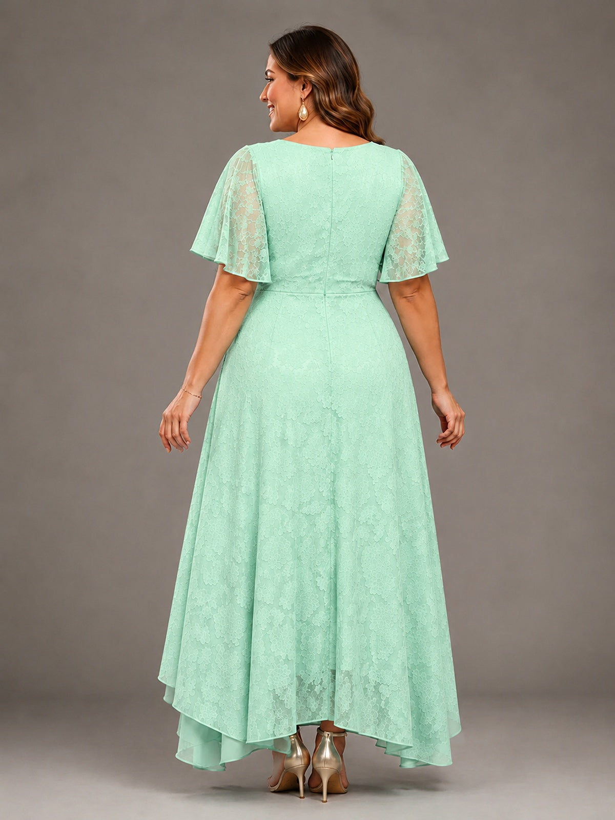 Jacquard Chiffon A-Line V-Neck High-Low Mother of the Bride Dress
