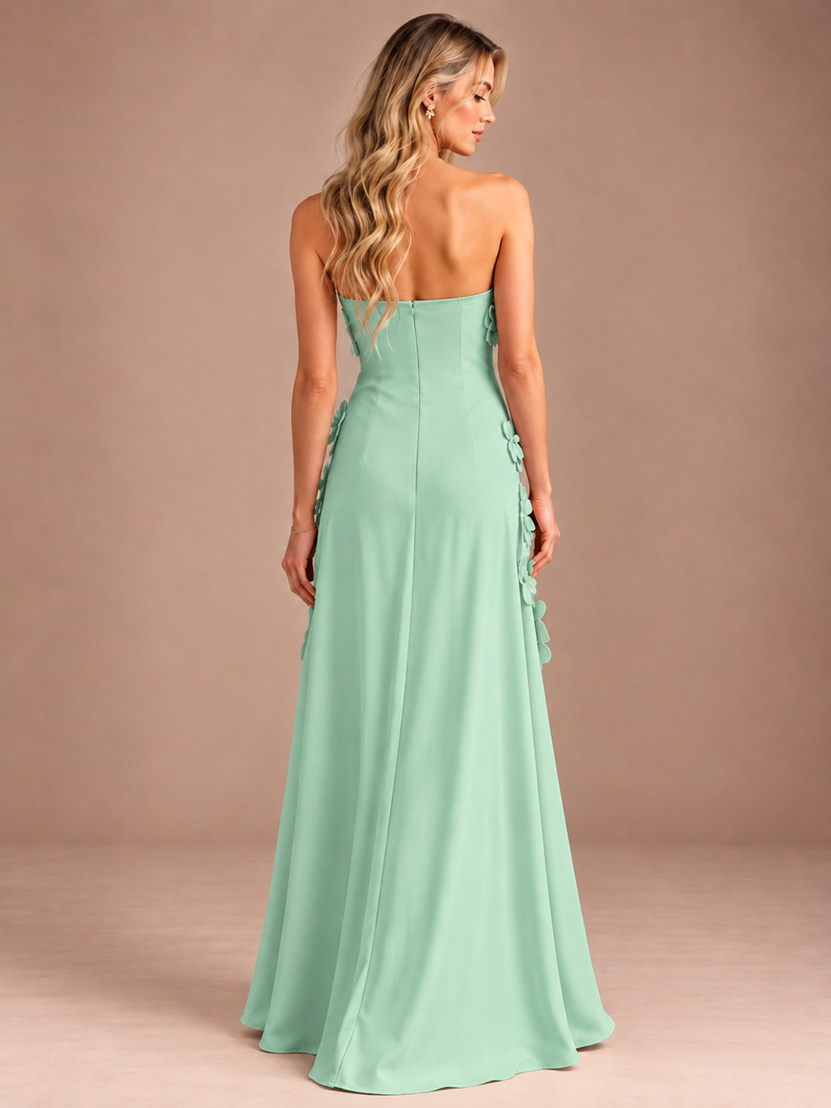 Yellow Strapless A-line Satin Maxi Dress with 3D Floral