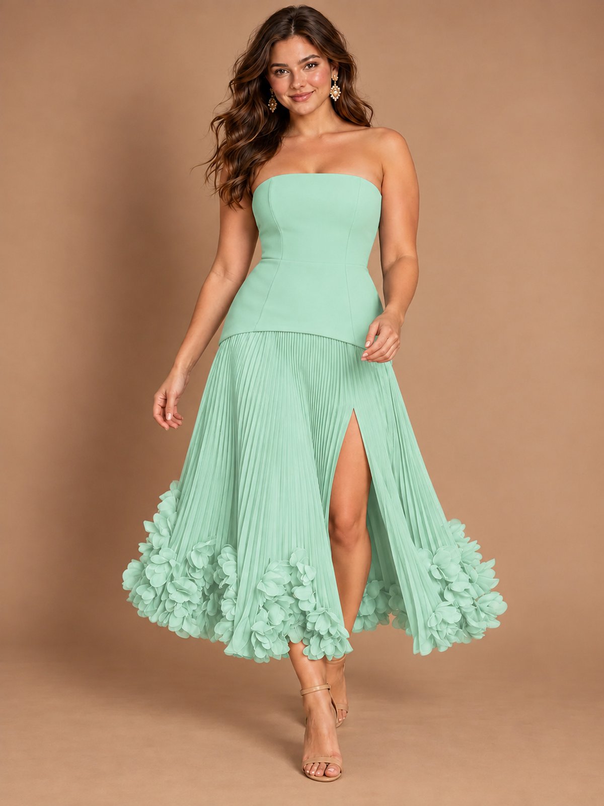 Navy Blue Strapless Pleated A-Line Midi Dress with 3D Floral Applique