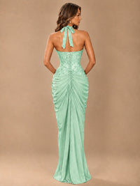 Sweetheart Halter Prom Dress Pleated Lace Floral Formal Dress with Slit