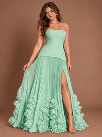 Strapless Pleated Floral Satin Formal Dress with Side Slit