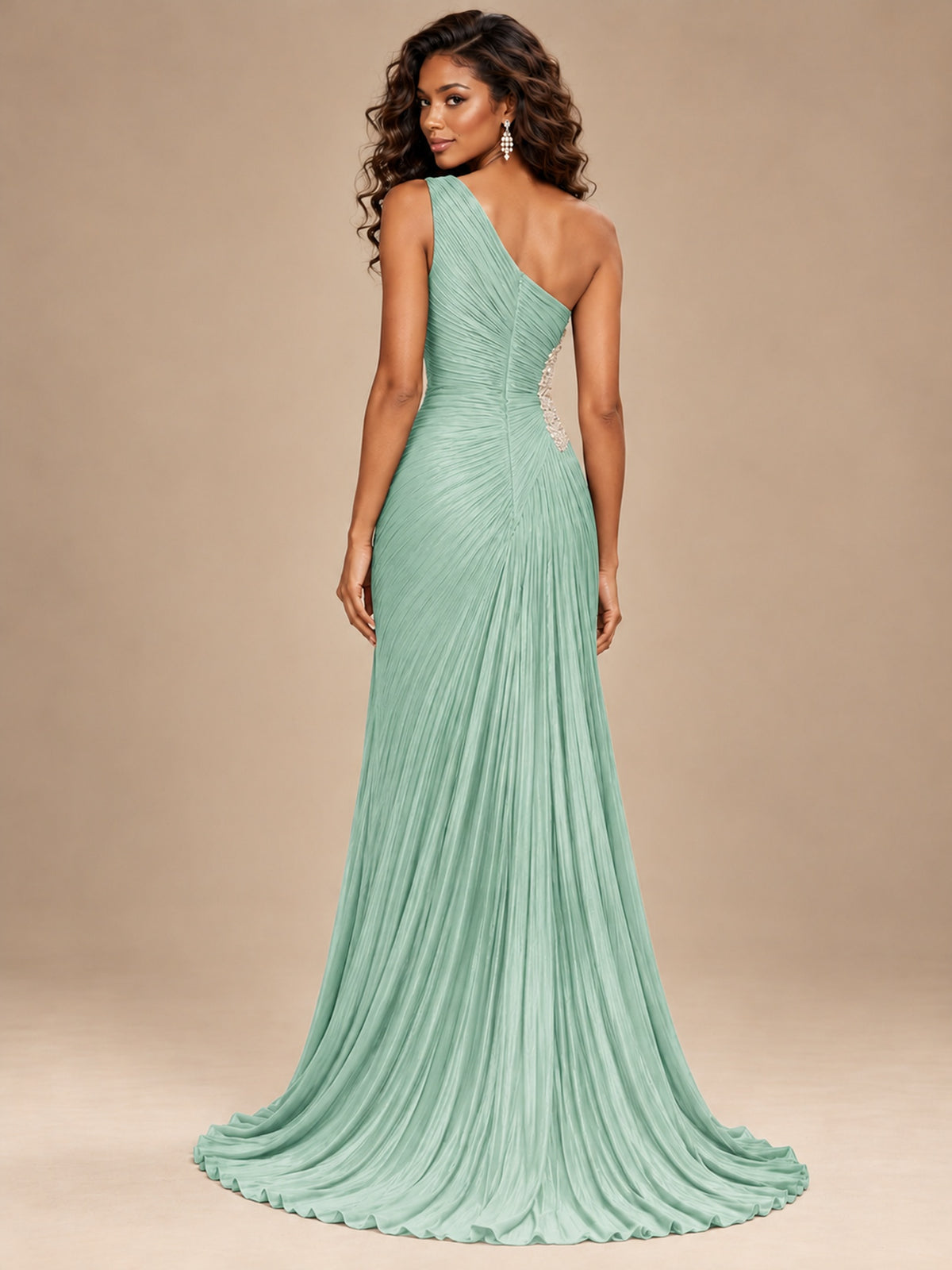 Burgundy One Shoulder Ruched Prom Dress with High Slit & Beaded Waist