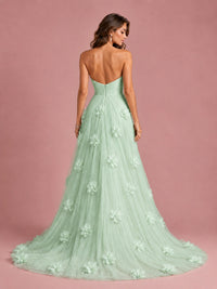 3D Floral Applique Strapless Tulle Prom Dress with High Slit