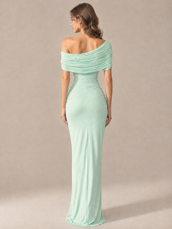 Elegant Draped Off Shoulder Ruched Mermaid Chiffon Formal Evening Gown