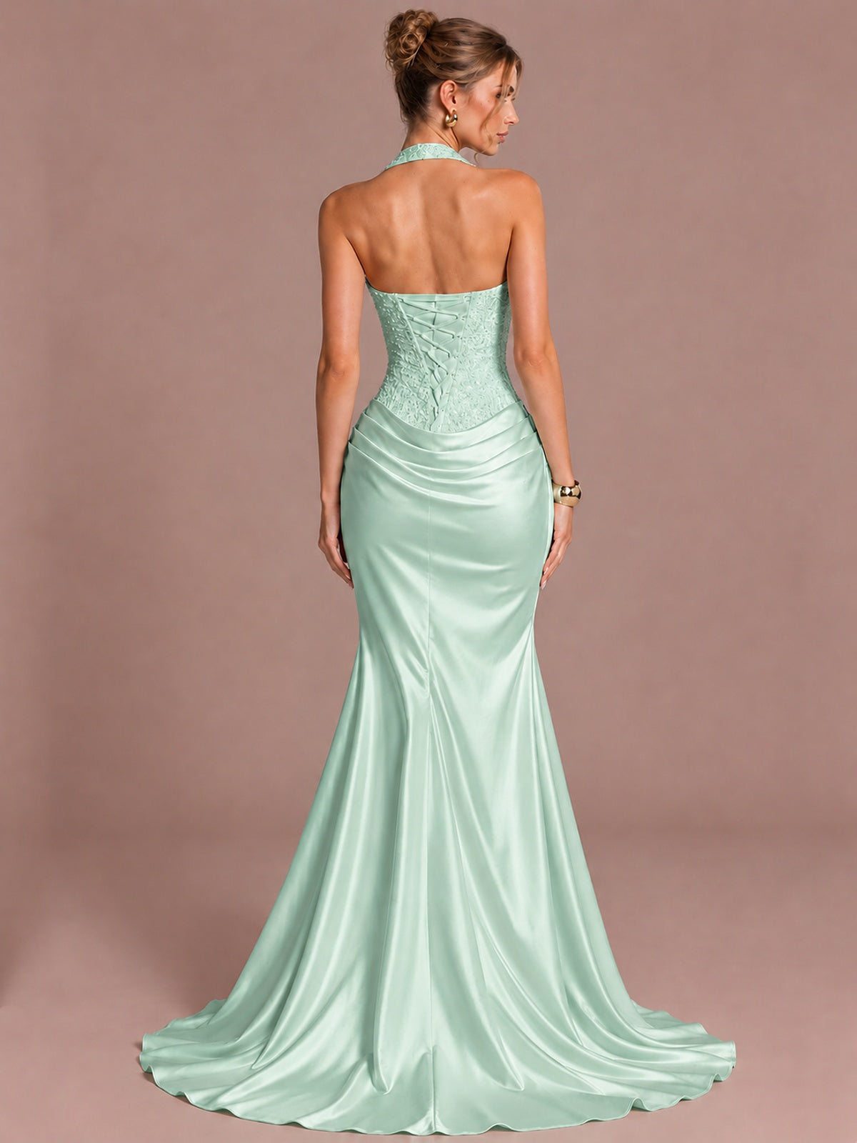 Sparkling Halter Corset Satin Mermaid Prom Dress