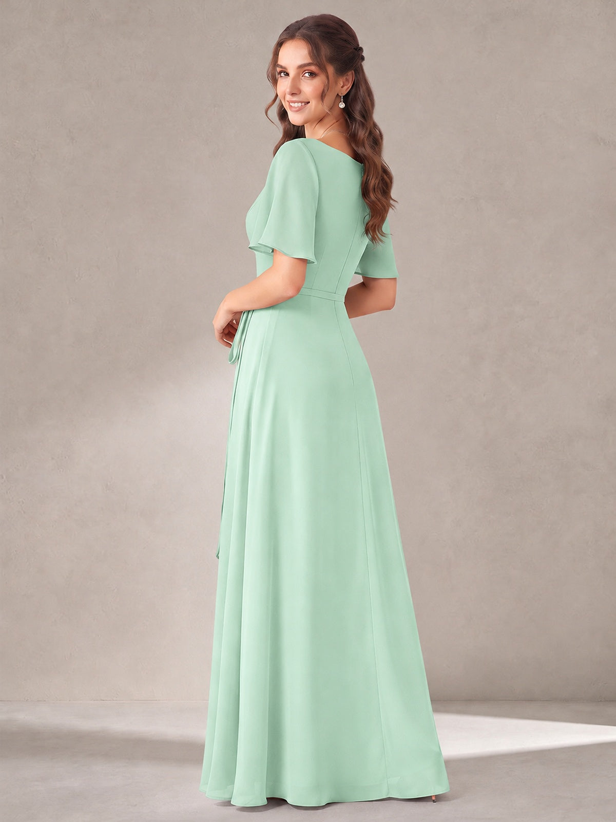 Scoop Neck A-line Chiffon Bridesmaid Dress with Flutter Sleeve & Belt