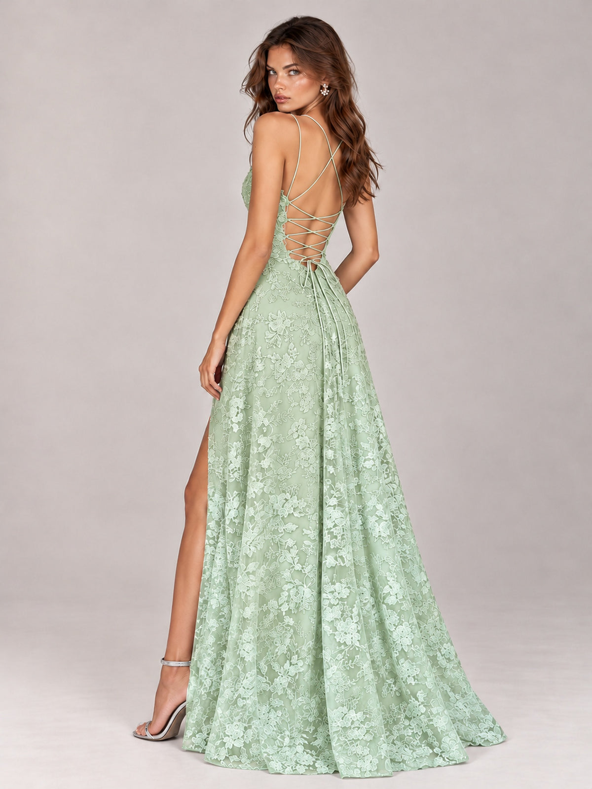 Floral Lace A-Line Prom Dress with Spaghetti Straps & High Slit
