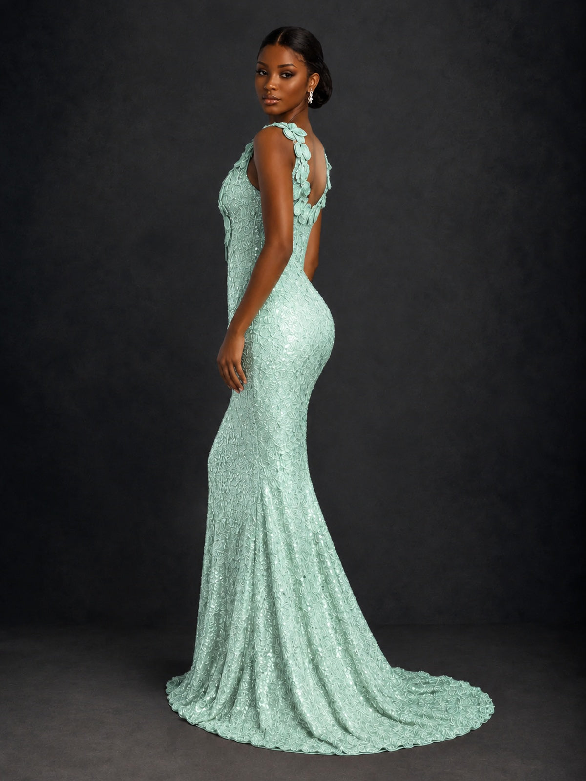 Gold Sequin Floral Applique Mermaid Prom Dress