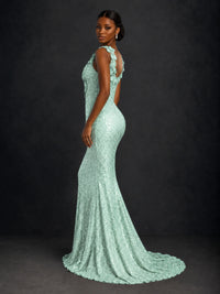 Gold Sequin Floral Applique Mermaid Prom Dress