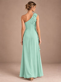Sage Green One Shoulder Satin Formal Maxi Dress with 3D Floral