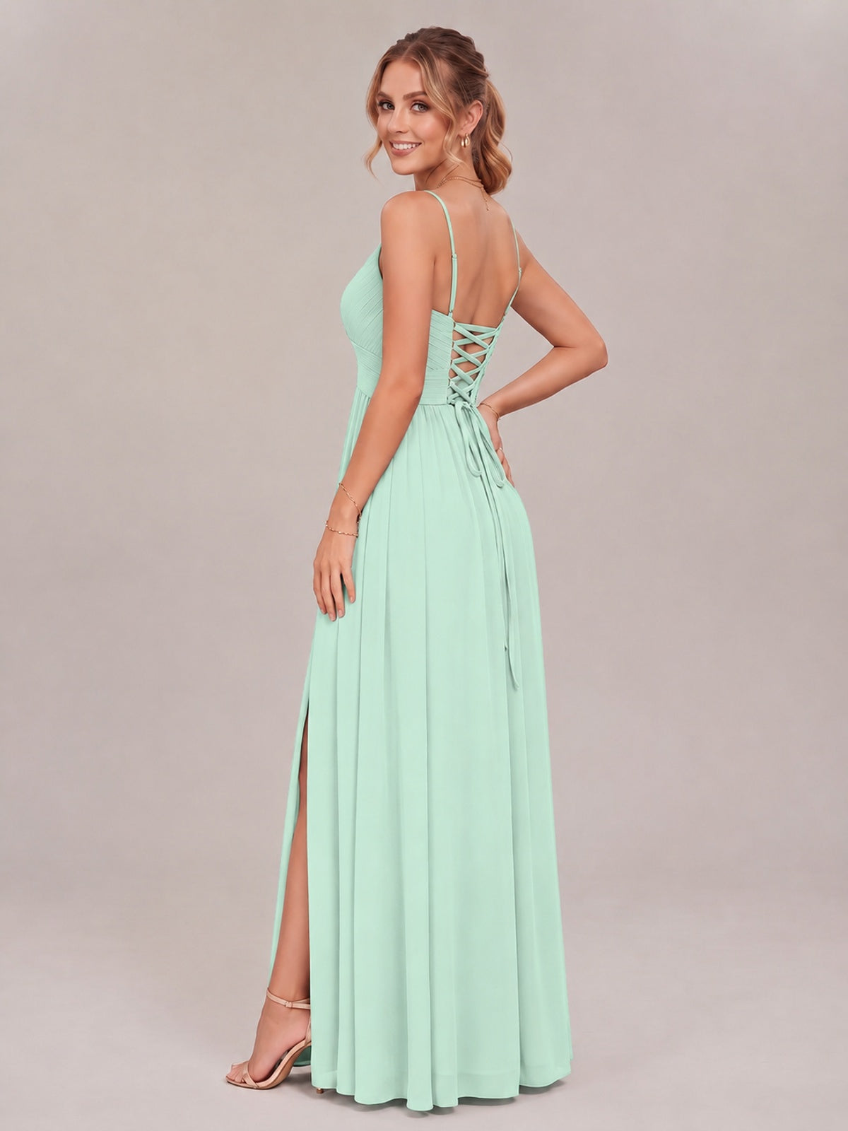 V-Neck Pleated Chiffon Long Bridesmaid Dress with Slit
