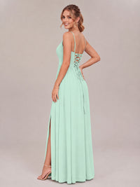 V-Neck Pleated Chiffon Long Bridesmaid Dress with Slit