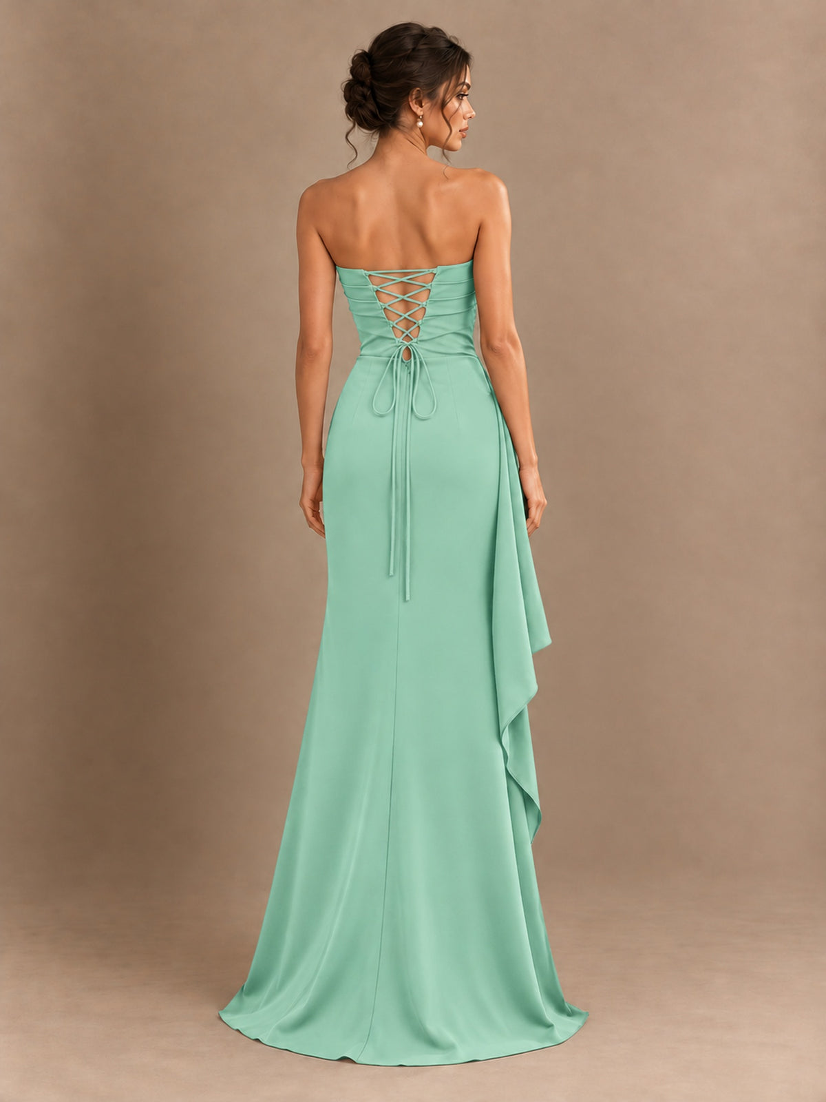 Black and White Strapless Ruched Prom Dress with High Slit & Side Drape