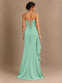 Black and White Strapless Ruched Prom Dress with High Slit & Side Drape