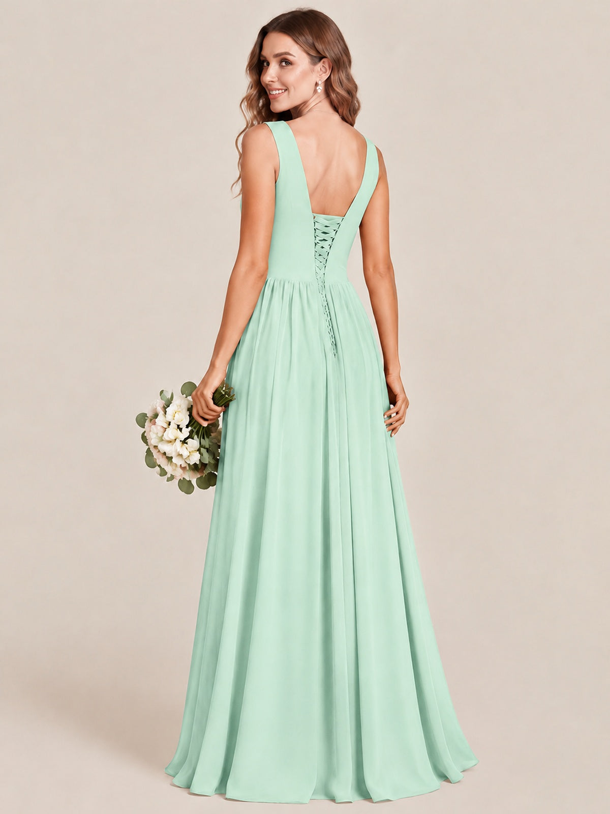 A-line Sleeveless Rucehd Chiffon Bridesmaid Dress with High Slit