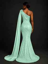 Gold Sequin One Shoulder Mermaid Prom Dress with Cape