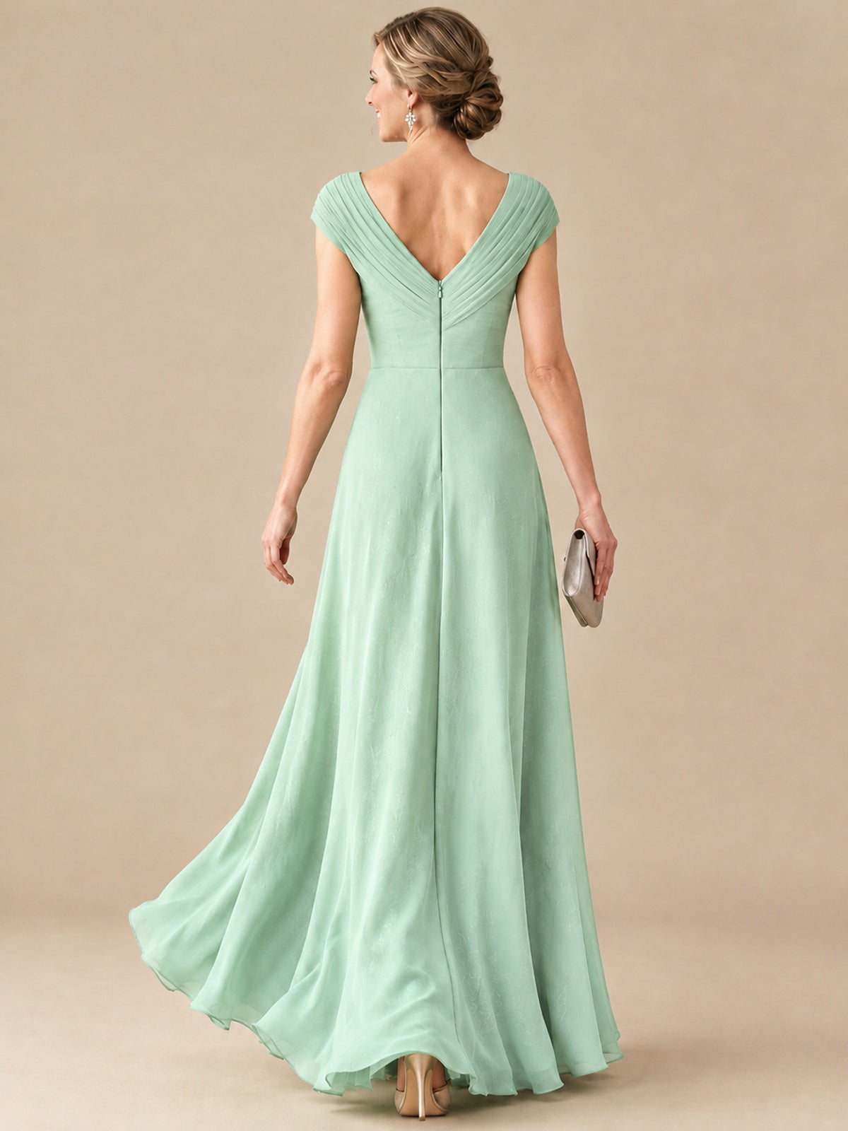 Pleated Chiffon Lace Mother of The Bride Dresses with Beading Cap Sleeves