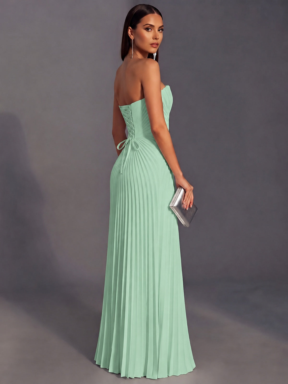 Strapless A-line Long Pleated Satin Prom Dress