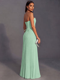 Strapless A-line Long Pleated Satin Prom Dress