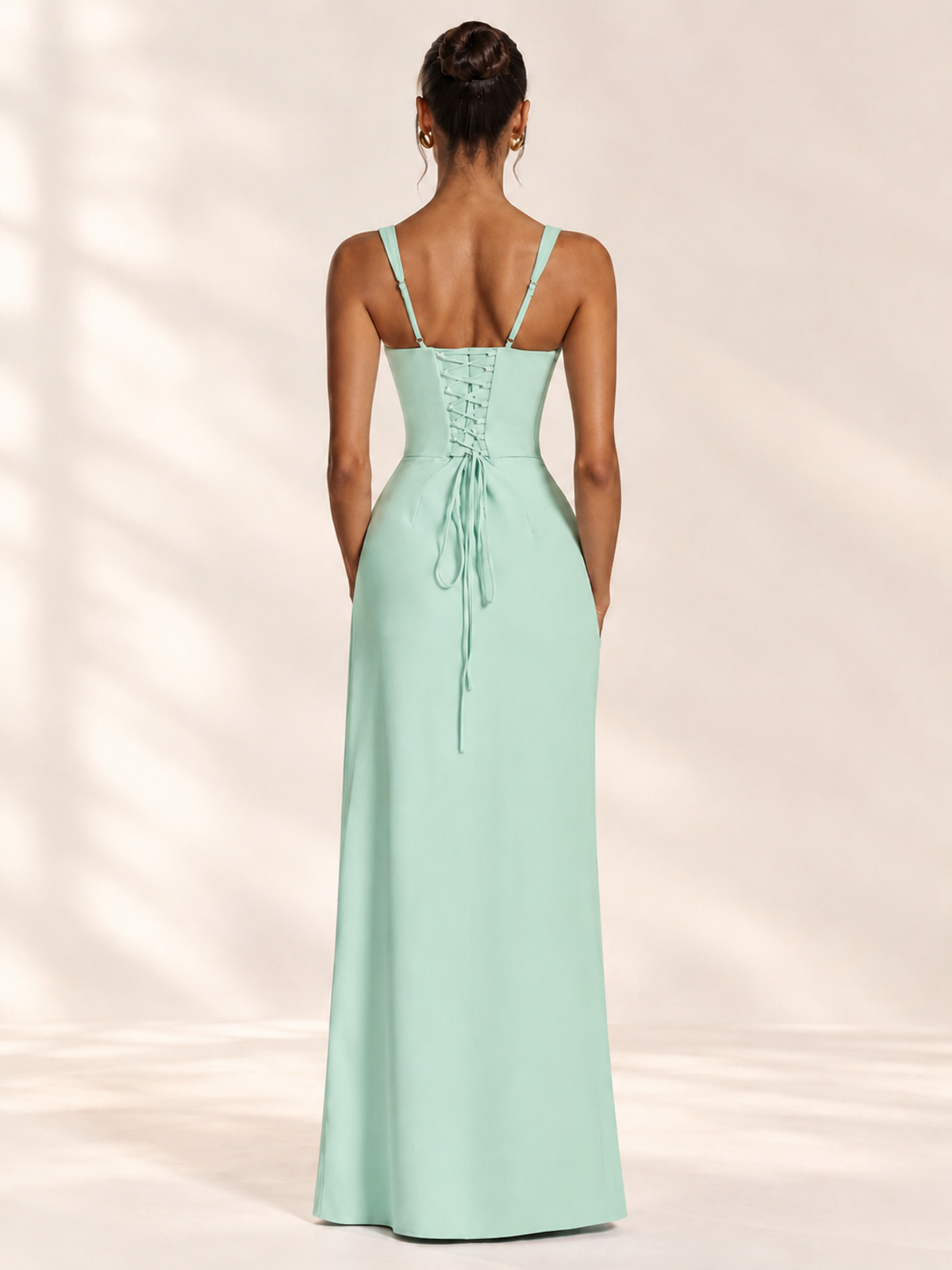 Square Neck Satin Sleeveless Ruched Prom Dress with High Slit