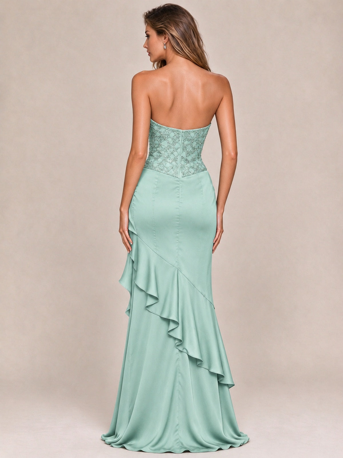 Strapless Lace Appliques Corset Satin Prom Dress Ruffle Slit Evening Gown