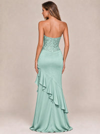 Strapless Lace Appliques Corset Satin Prom Dress Ruffle Slit Evening Gown