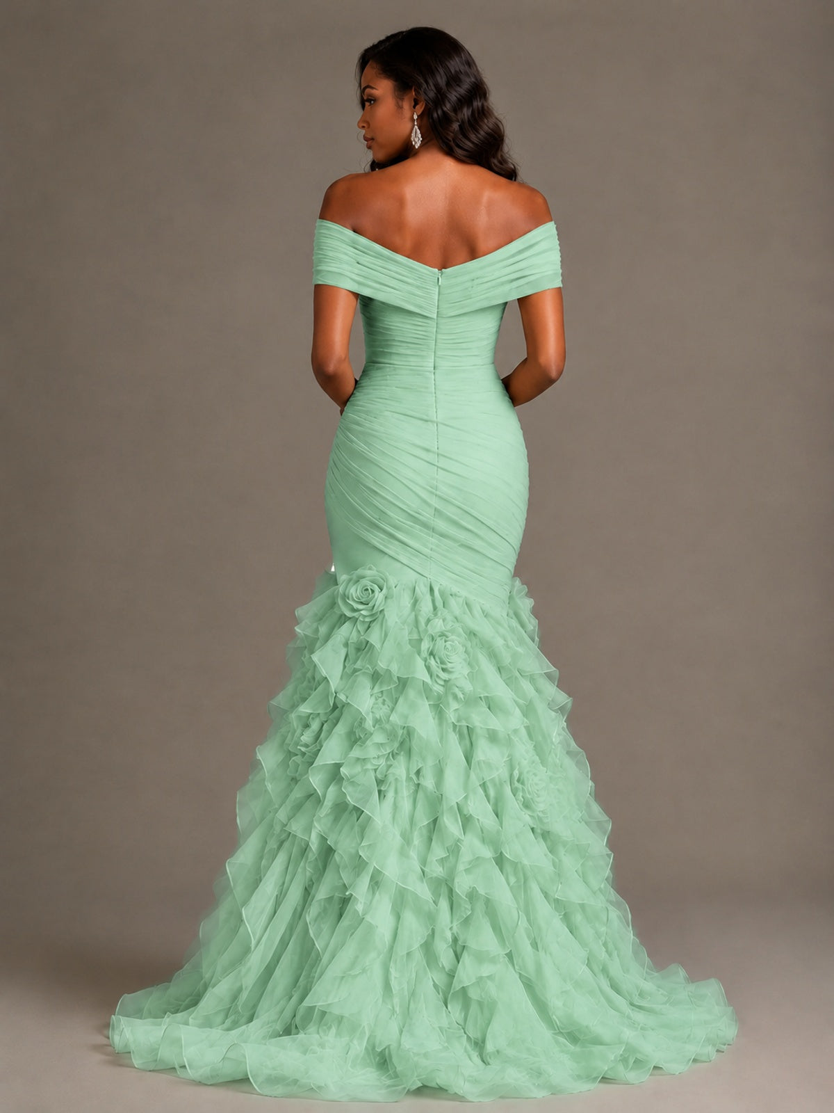 Pink Off-the-Shoulder Mermaid Prom Dress with Ruffles 3D Flowers
