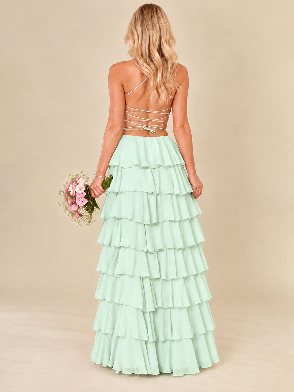 Ruffled Tiered Chiffon Prom Dress Spaghetti Straps Formal Maxi Dress with Slit