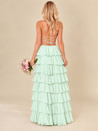 Ruffled Tiered Chiffon Prom Dress Spaghetti Straps Formal Maxi Dress with Slit
