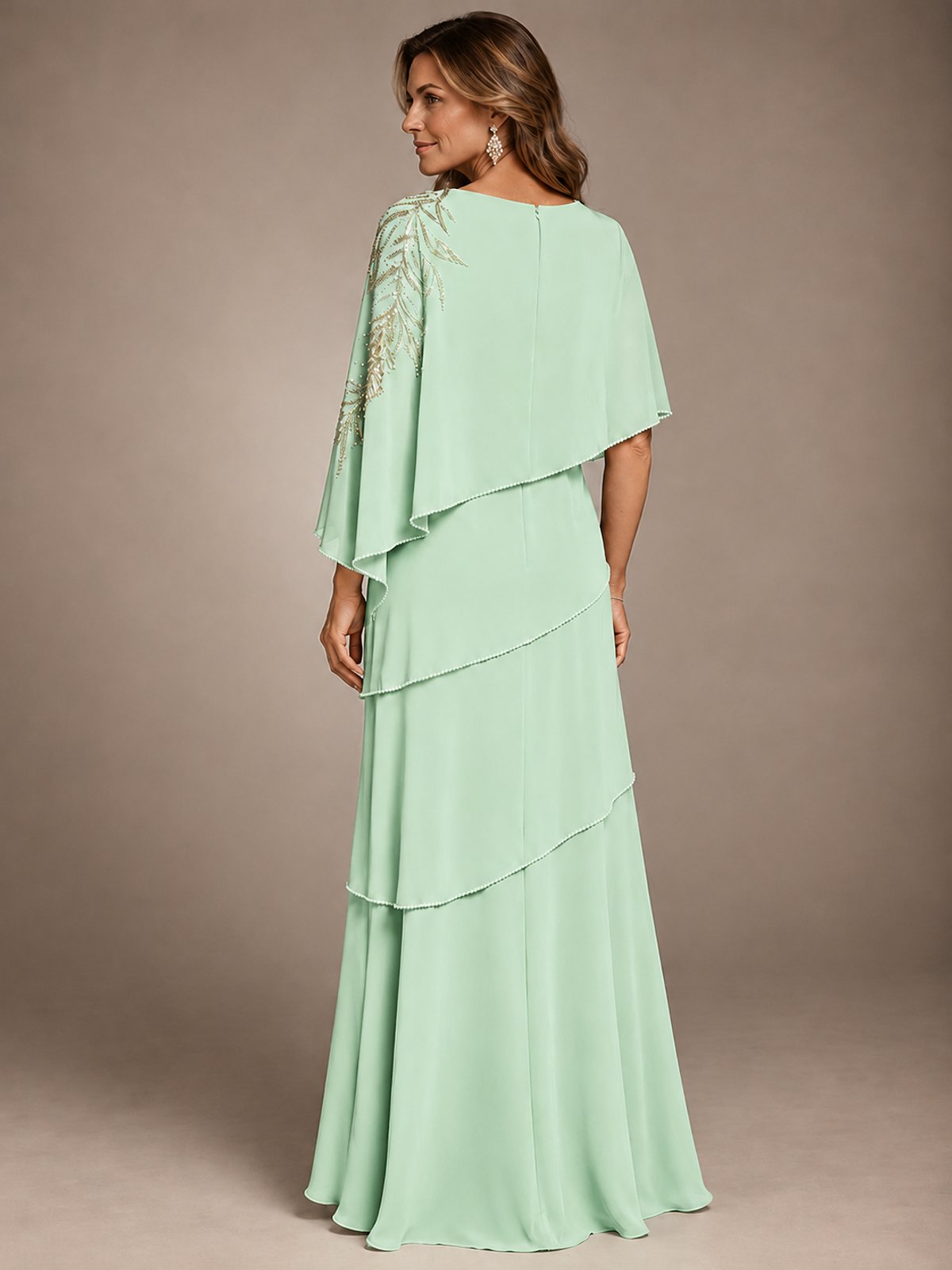 Elegant Chiffon Cape Sleeve Beaded Mother of the Bride Dress
