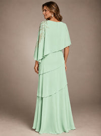 Elegant Chiffon Cape Sleeve Beaded Mother of the Bride Dress