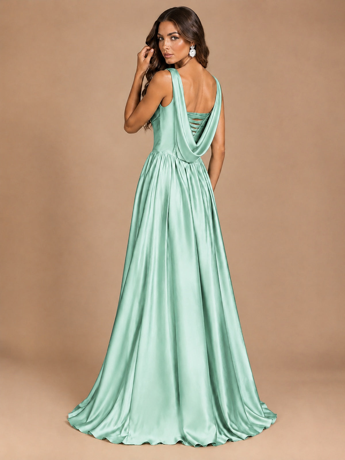 Cowl Neck Pleated Satin Prom Dress with Pockets & Slit Maxi Formal Gowns