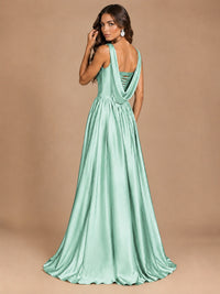 Cowl Neck Pleated Satin Prom Dress with Pockets & Slit Maxi Formal Gowns