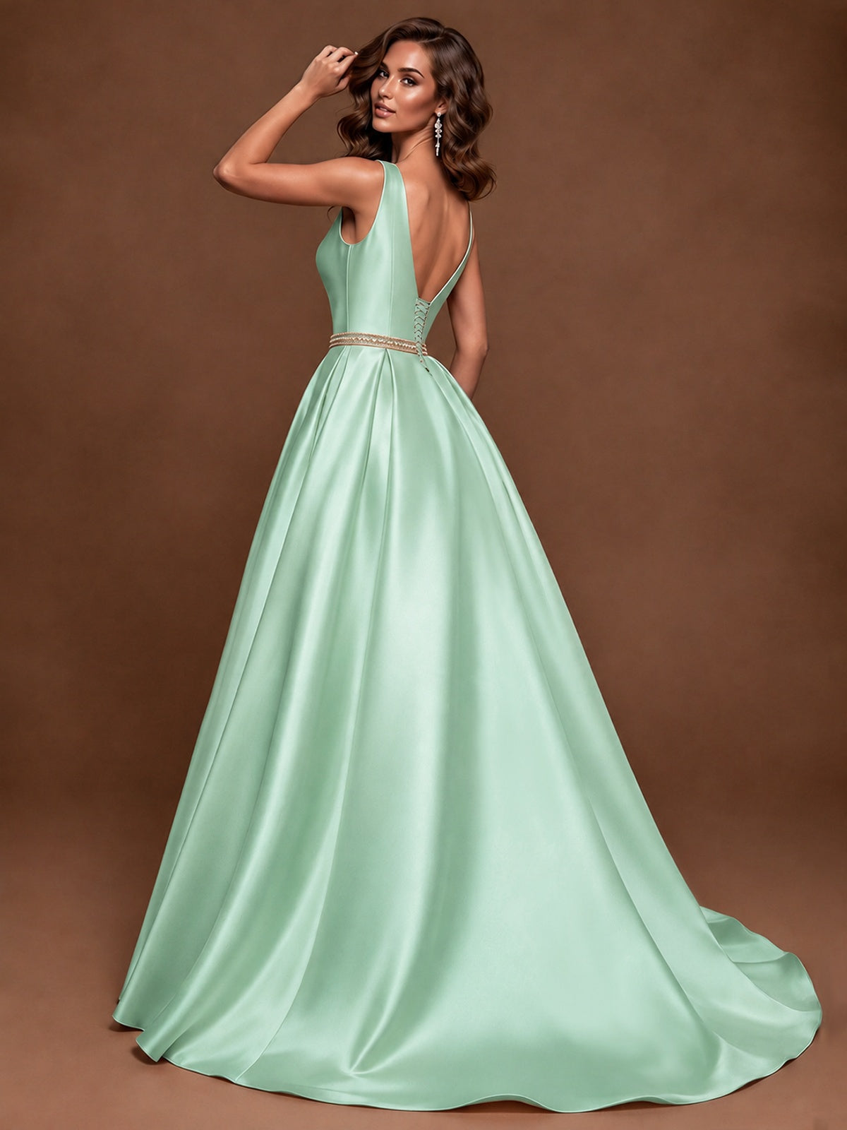 Satin A-Line Prom Dress Sleeveless Beaded Waist Formal Gown with Pockets