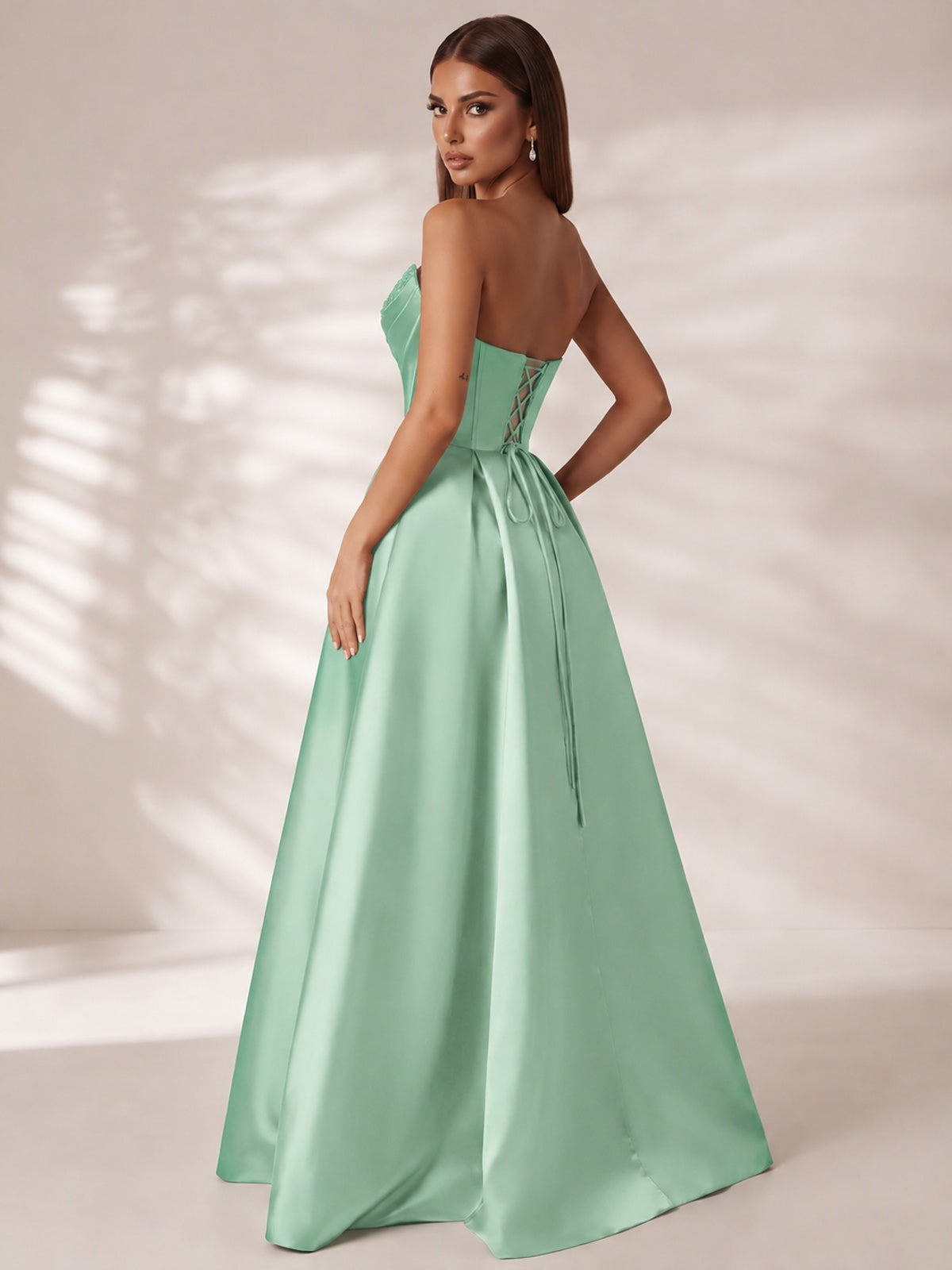 Strapless Corset Satin Prom Dress Long Evening Gown with High Slit