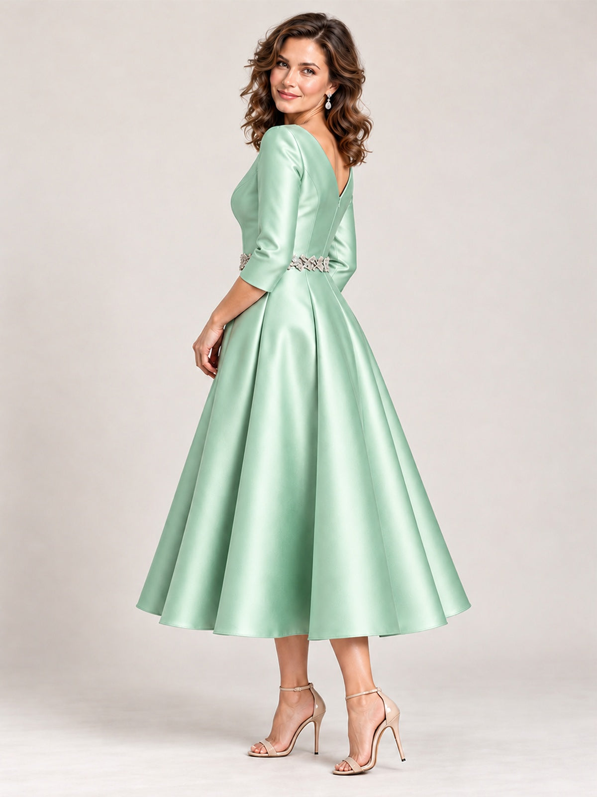 V-Neck Tea-Length Mother of the Bride Dress with Embellished Waist