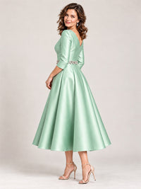 V-Neck Tea-Length Mother of the Bride Dress with Embellished Waist